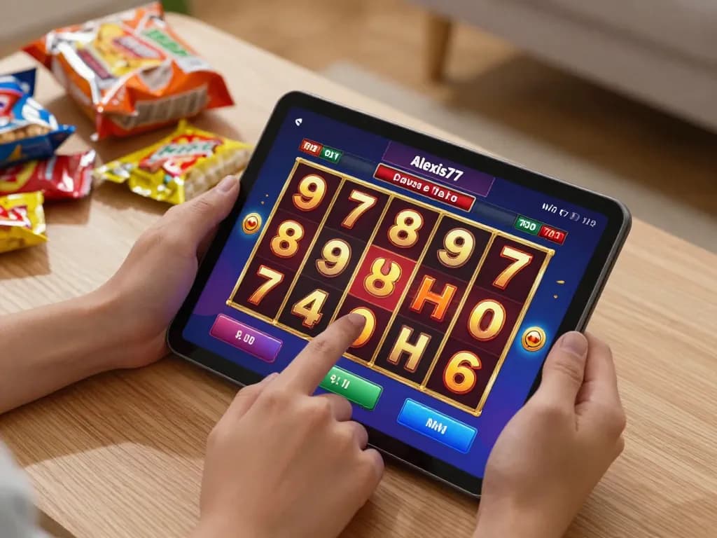 Experience thrilling wins with the alexis77 slot on a cozy home gaming setup, vibrant reels on screen.