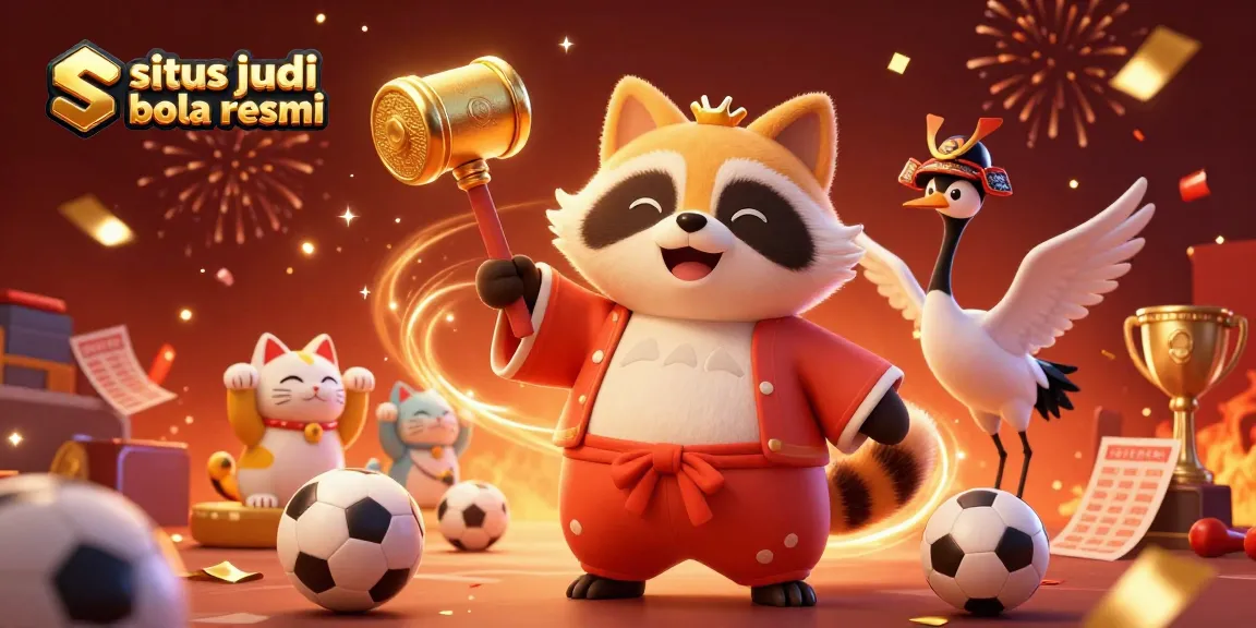 Situs judi bola resmi inviting players to bet sports with dynamic elements and festive characters.