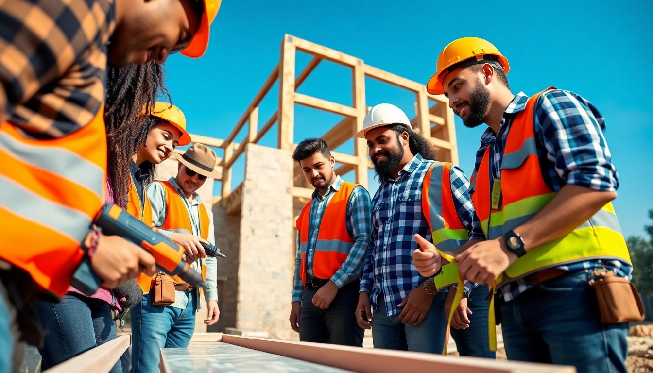 Engaged students at construction trade schools in texas actively collaborating on a building project outdoors.