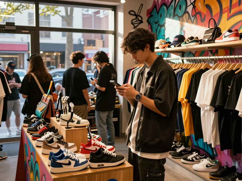Fashionable shopper examining 레플리카 sneakers in vibrant streetwear shop, showcasing trendy urban style.