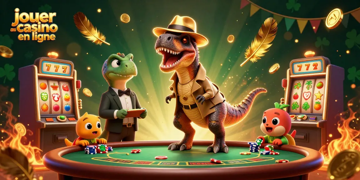 Jouer au casino en ligne avec un velociraptor à la table de blackjack, entouré de machines à sous et de pièces d'or