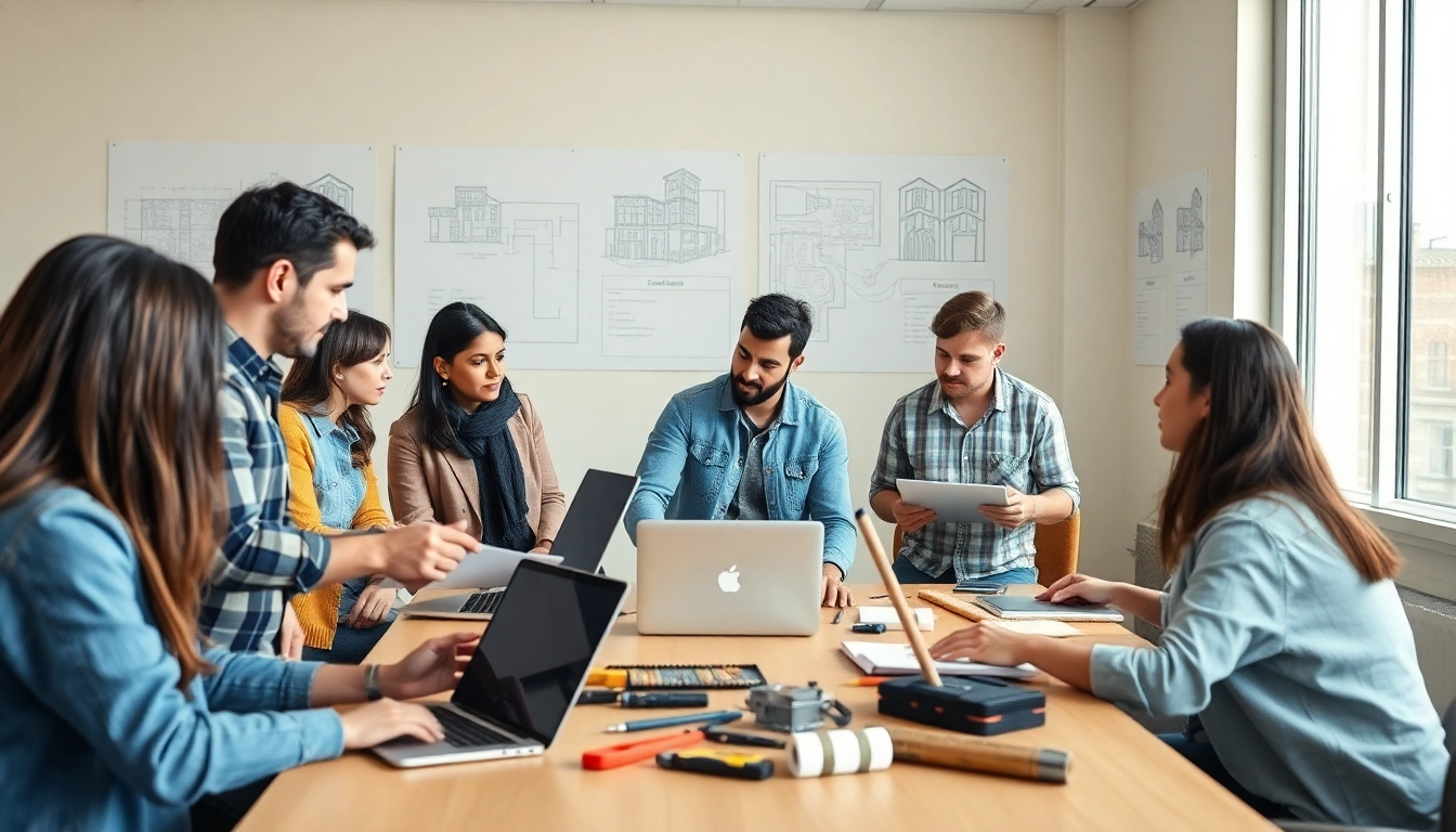 Engaging construction management training with diverse students collaborating in a modern classroom setting.