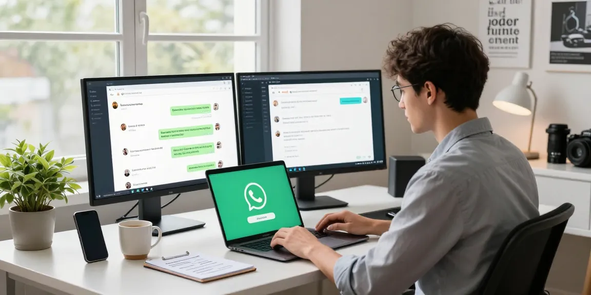 WhatsApp下載 process illustrated in a modern home office with laptop, smartphone, and tech gadgets.