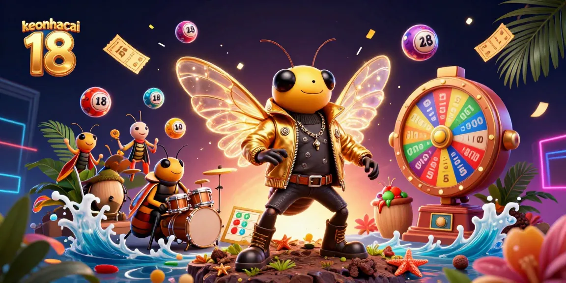 Bettors experience vibrant excitement with keonhacai 18 in a dynamic 3D illustration of a rock star cicada and colorful gambling elements.