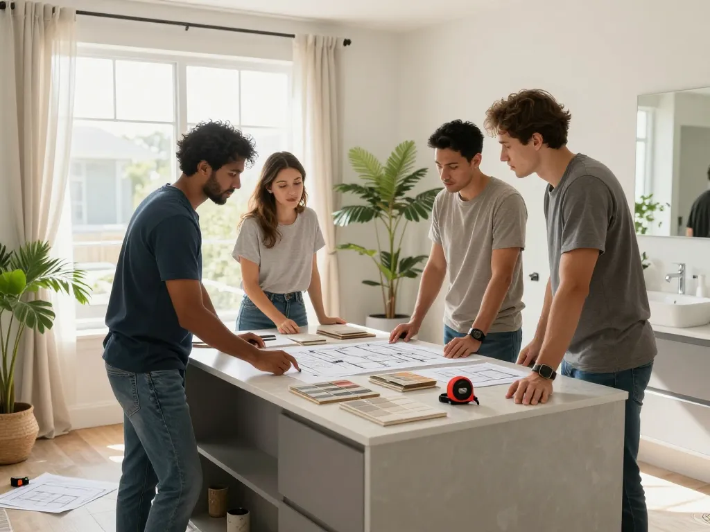 Bathroom remodelers collaborating with homeowners on design choices and materials in a modern renovation setting.