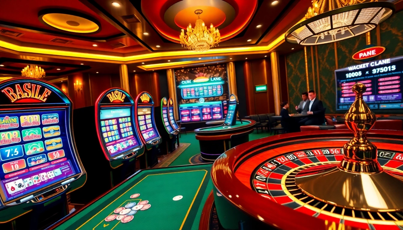 Scène excitante illustrant le meilleur casino en ligne avec des tables luxueuses, des machines à sous vibrantes et des joueurs engagés.