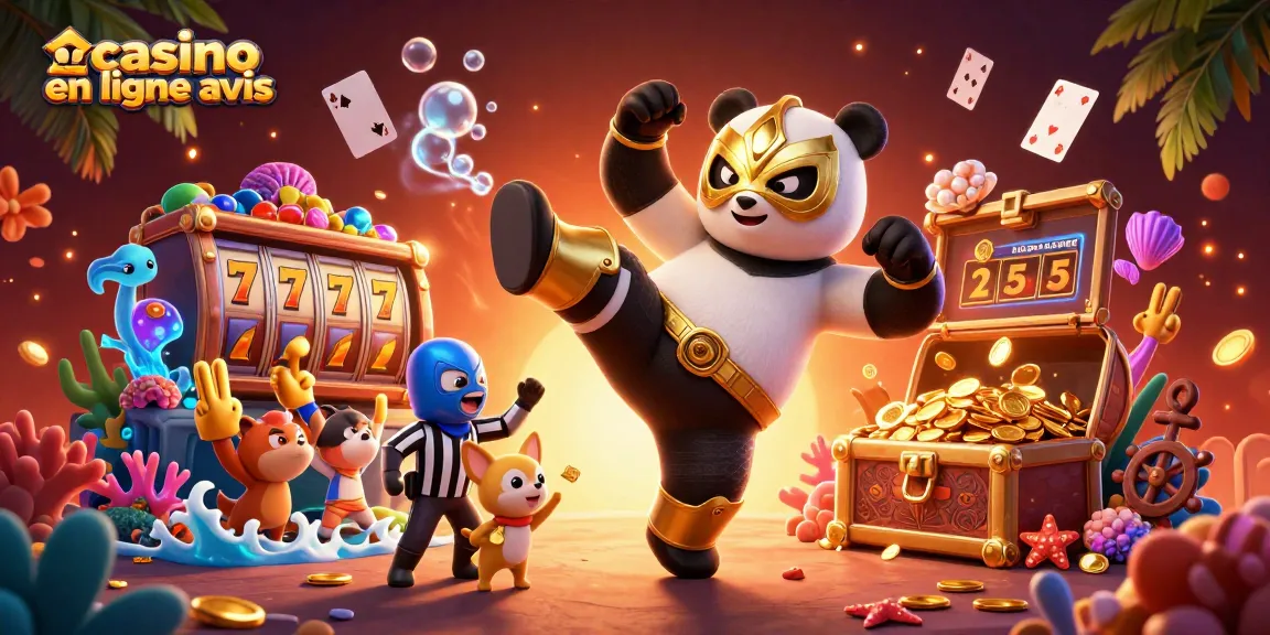 Le panda luchador effectue un coup de pied tout en évaluant les avis de casinos en ligne, entouré de détails captivants.