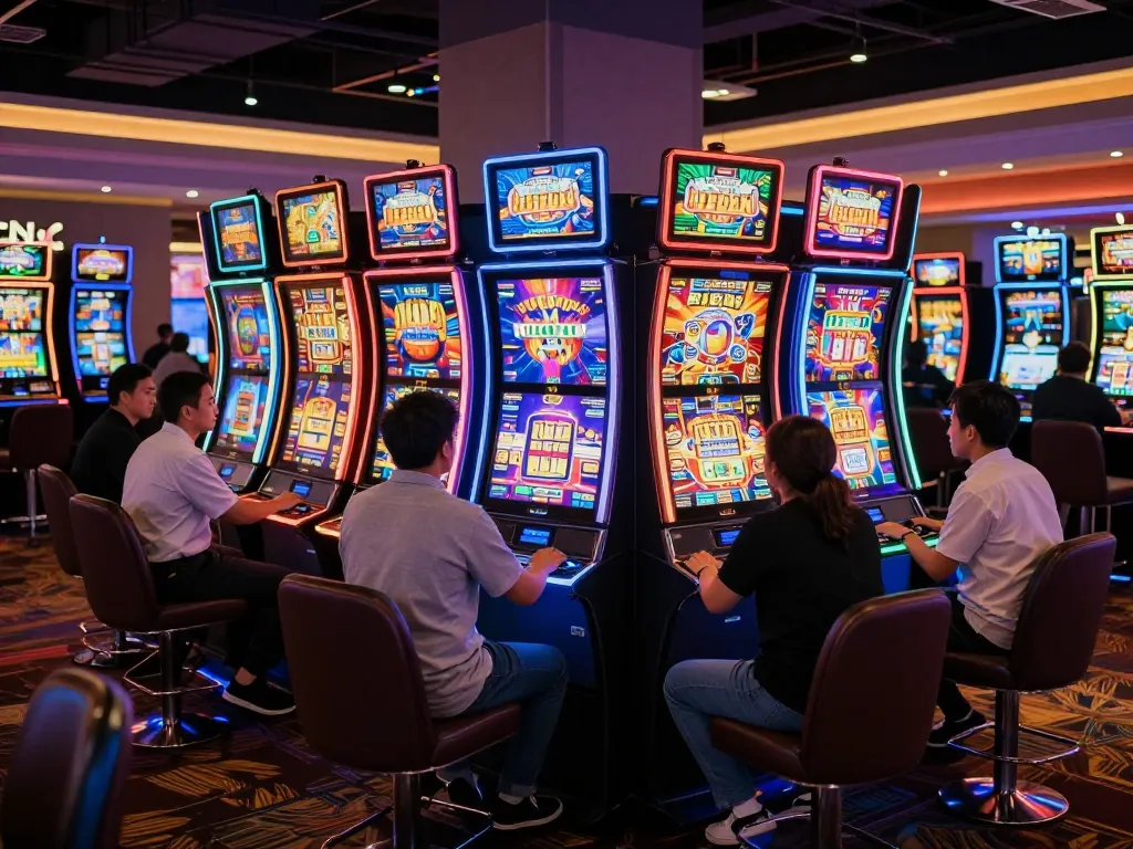 Players enjoying vibrant slot machines in an exciting casino atmosphere, dynamic action capturing the essence of SLOT gaming
