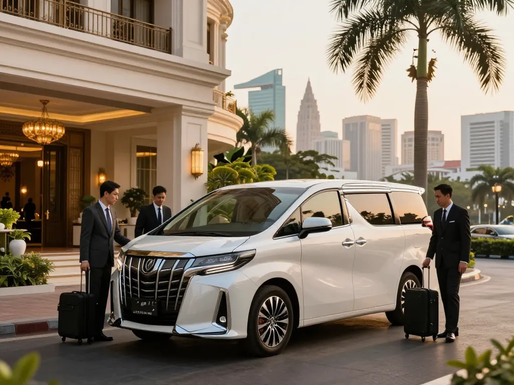 Dịch vụ cho thuê xe Toyota Alphard sang trọng tại khách sạn đẳng cấp ở Thành phố Hồ Chí Minh.