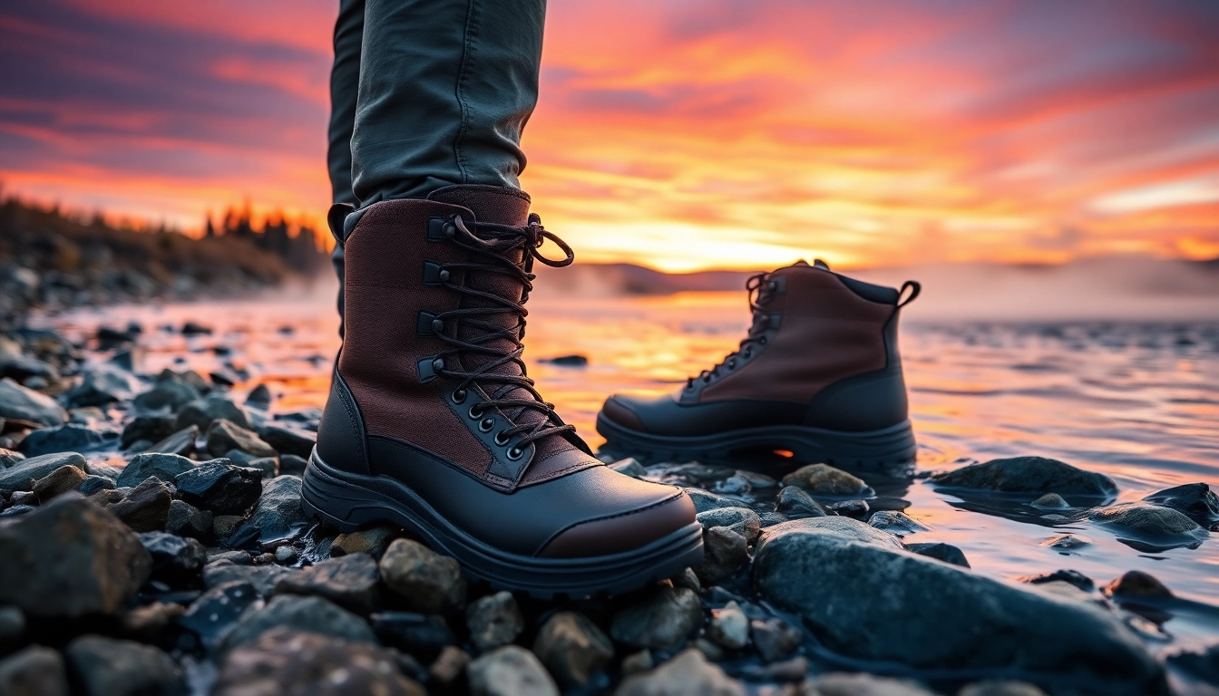 Fly fishing boots displayed on a riverbank, showcasing durability and waterproof features.