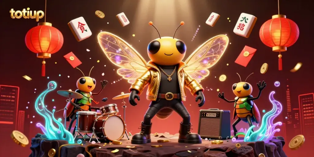 Spin the reels with totoup: A vibrant scene of a rock star cicada and drummer in a casino atmosphere.