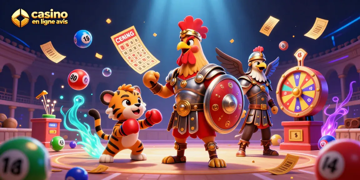 Image captivante de "casino en ligne avis" avec un coq gladiateur et des éléments de bingo.