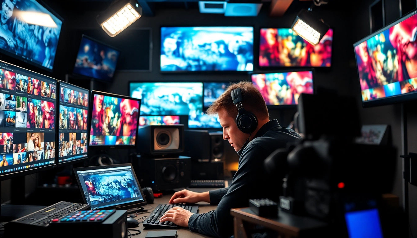 Engaging in post-production & editing at a professional video editing studio with vibrant displays.