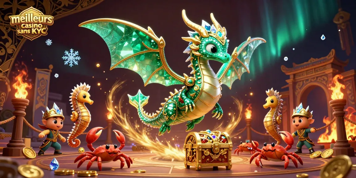 Découvrez les meilleurs casinos sans KYC avec un dragon de mer flottant et des éléments riches.