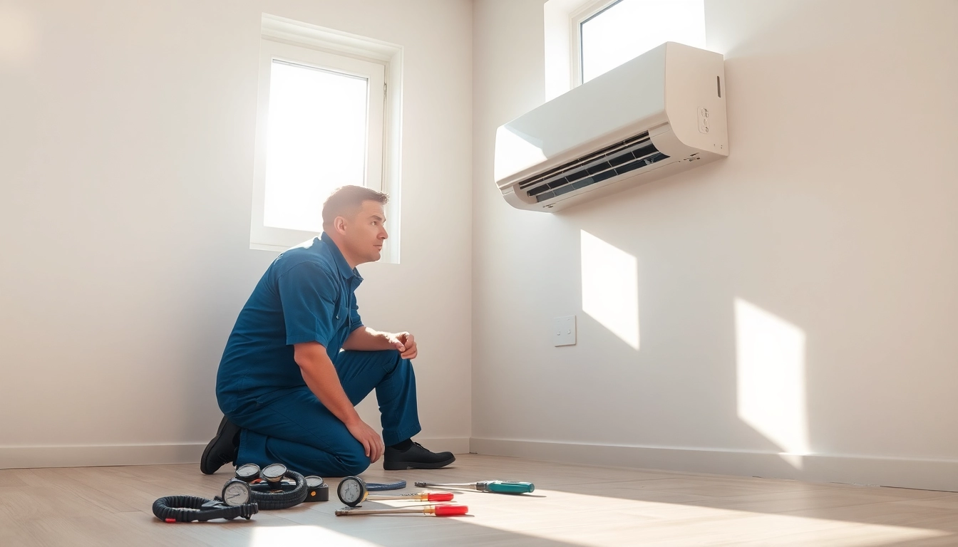 HVAC Repair Tampa technician servicing an air conditioning unit in a bright home.