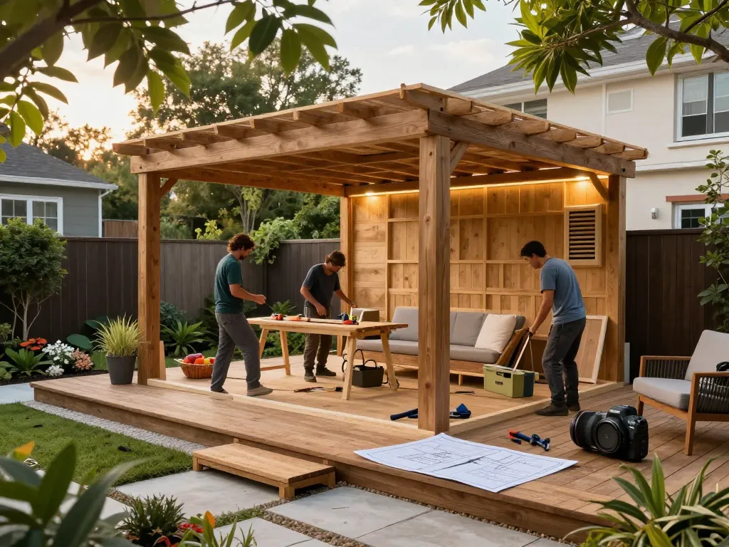 Custom pergola configurator in action, showcasing skilled craftsmen designing a personalized outdoor space.
