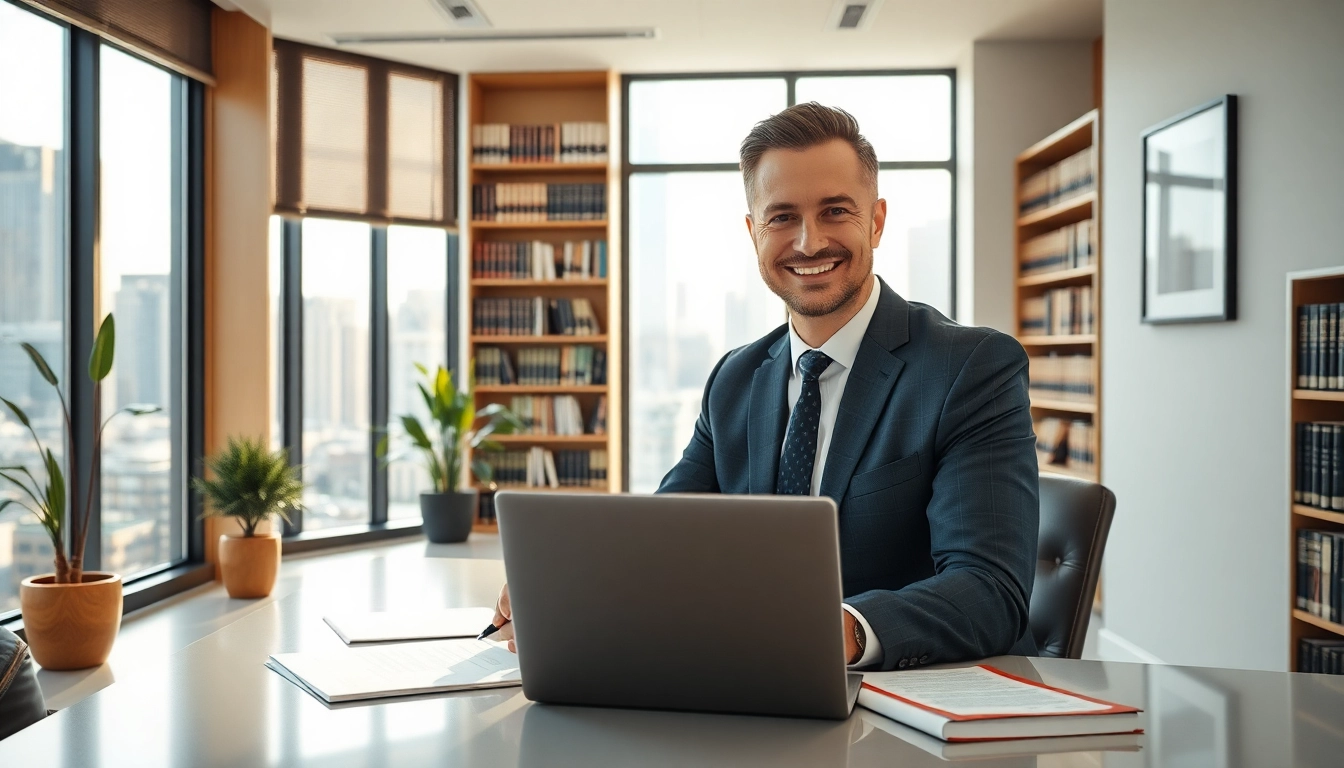 Engaging real estate lawyer consulting with clients in a bright professional office setting.