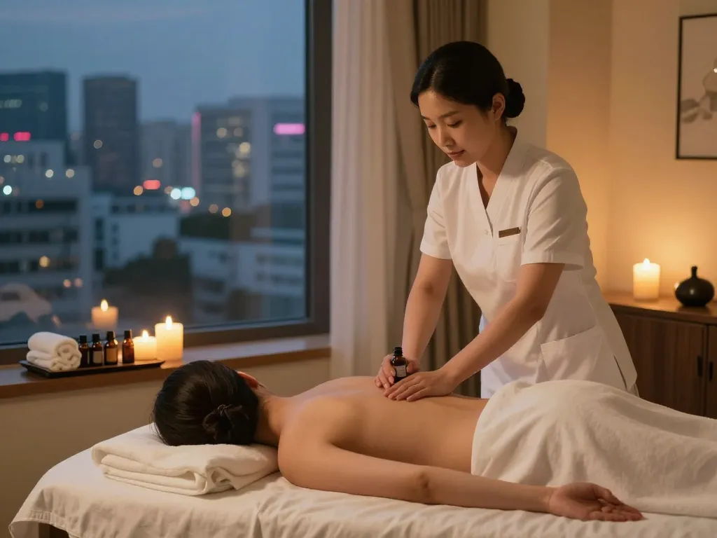 Relaxing 인천 출장마사지 session in a peaceful hotel room setting, professional therapist providing soothing care.
