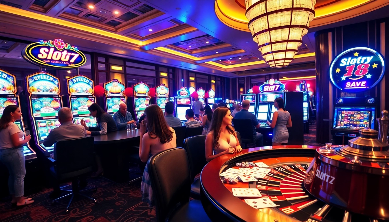 Excited players engaging with Slot777 machines in a luxurious casino environment filled with lights.