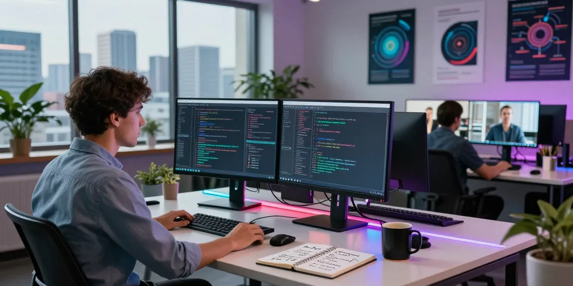 Innovative workspace scene showcasing crushon AI development with diverse team collaboration and coding environment.