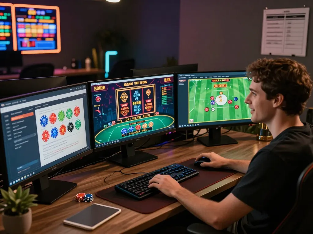 Player engaging in online gambling with ATQ, showcasing multiple games on screens in a stylish home office.