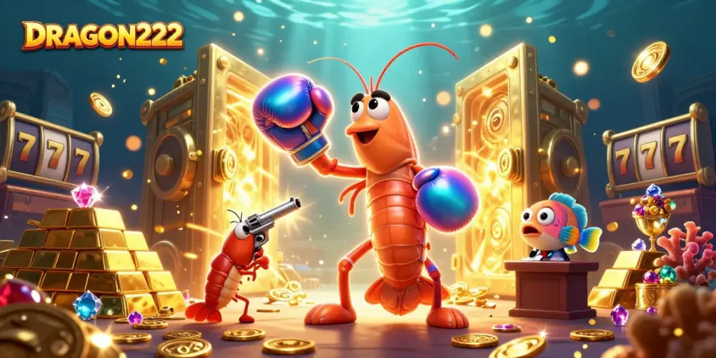 Engaging DRAGON222 slot scene featuring lively shrimp characters and gaming treasures.