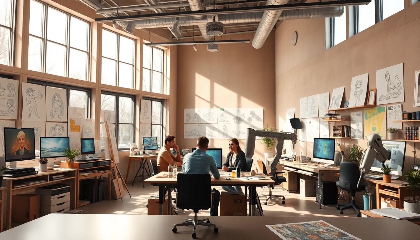 Animation Studio Berlin – kreative Arbeitsumgebung mit Team, das an Projekten arbeitet und Kunstwerke erstellt.