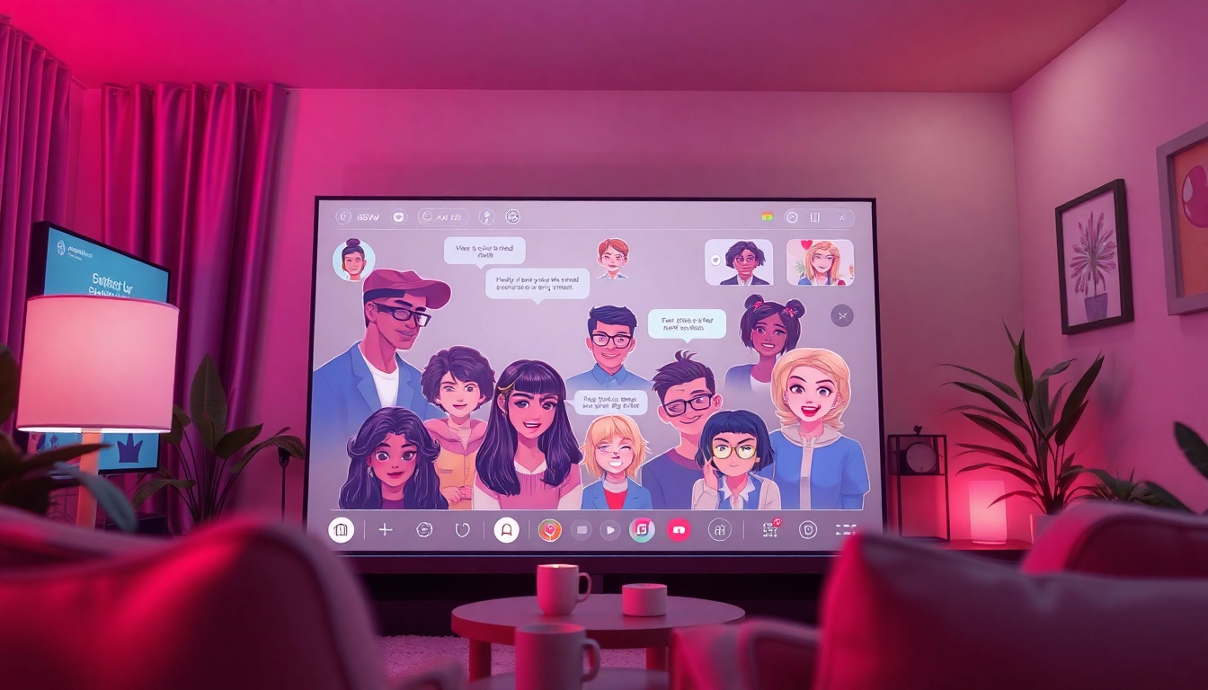 Engaging scene of free NSFW character AI chat environment with diverse avatars in a cozy virtual setting.