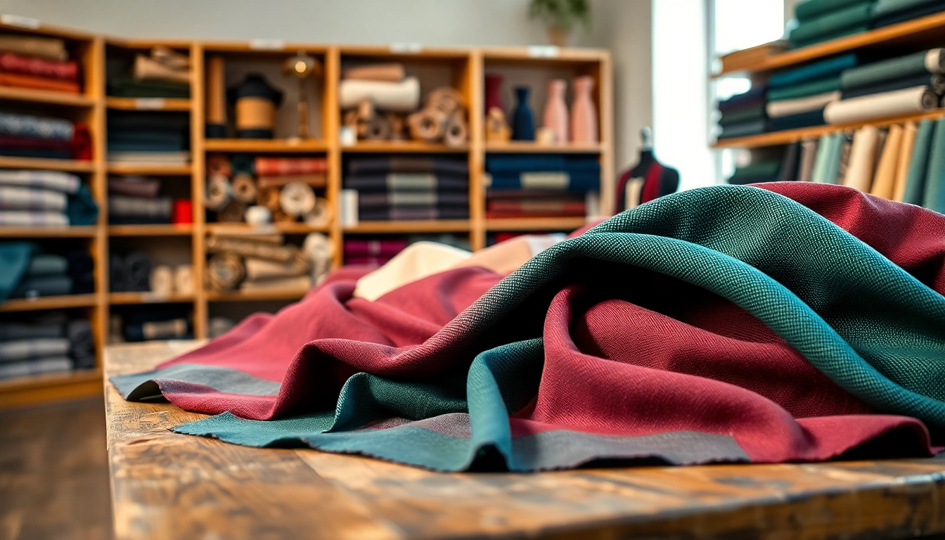 Punta di Roma stoffen showen verschillende texturen en kleuren in een stijlvolle winkel.