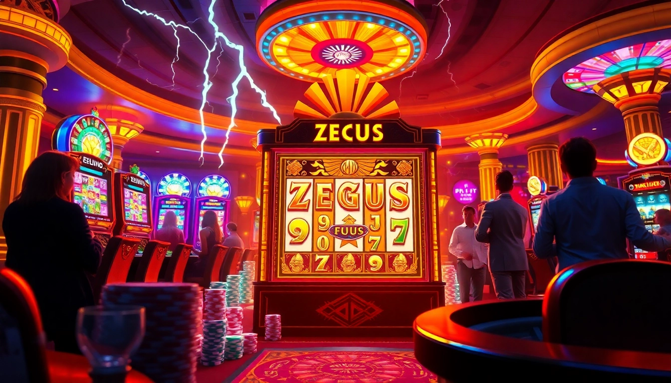 Pemain bersemangat menikmati mesin slot Zeus di kasino yang penuh warna, menangkap sensasi permainan.