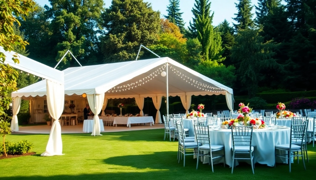 Tent rentals showcased in a beautiful outdoor garden setting with elegant décor.