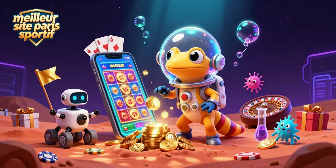 Vivez l'excitation sur le meilleur site de paris sportif avec un gécko Martien découvrant un casino doré.