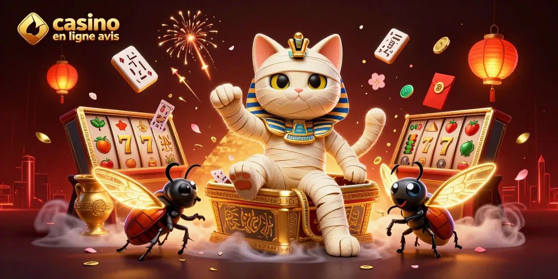 Casino en ligne avis : chat momie et scarabée jouant dans un casino égyptien.