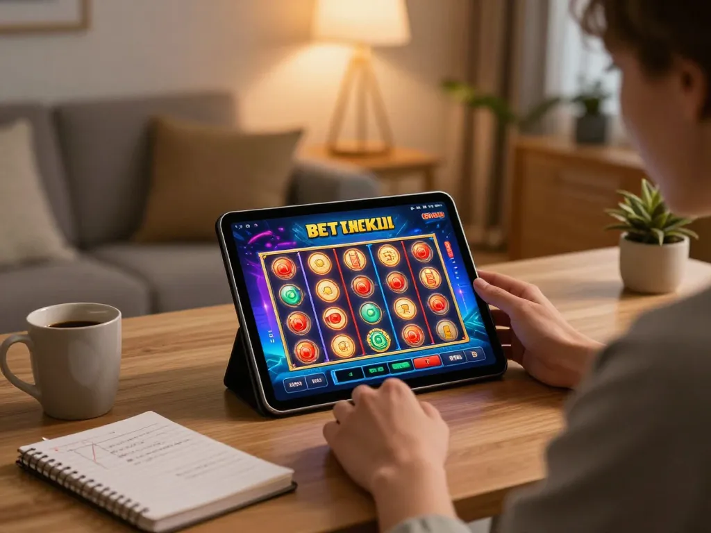 Engaging in slot bet kecil gaming on a tablet, showcasing low-stakes slots in a cozy home setup