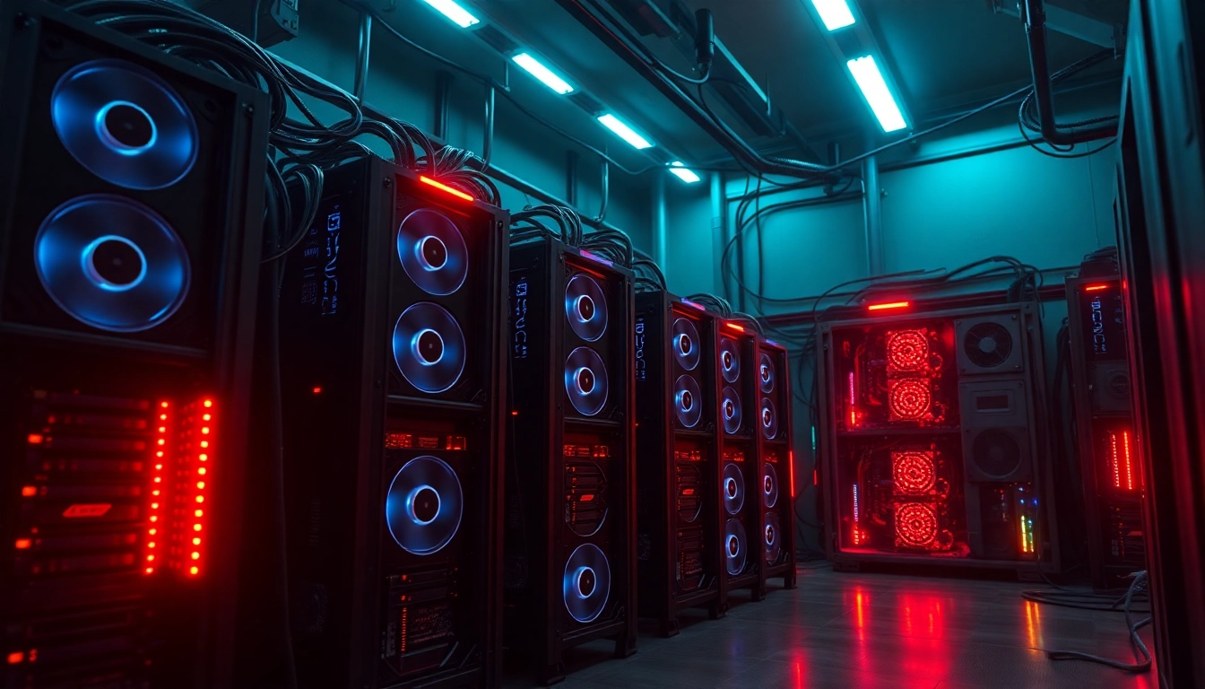 bitcoin mining setup with multiple high-performance ASIC miners in a modern tech environment