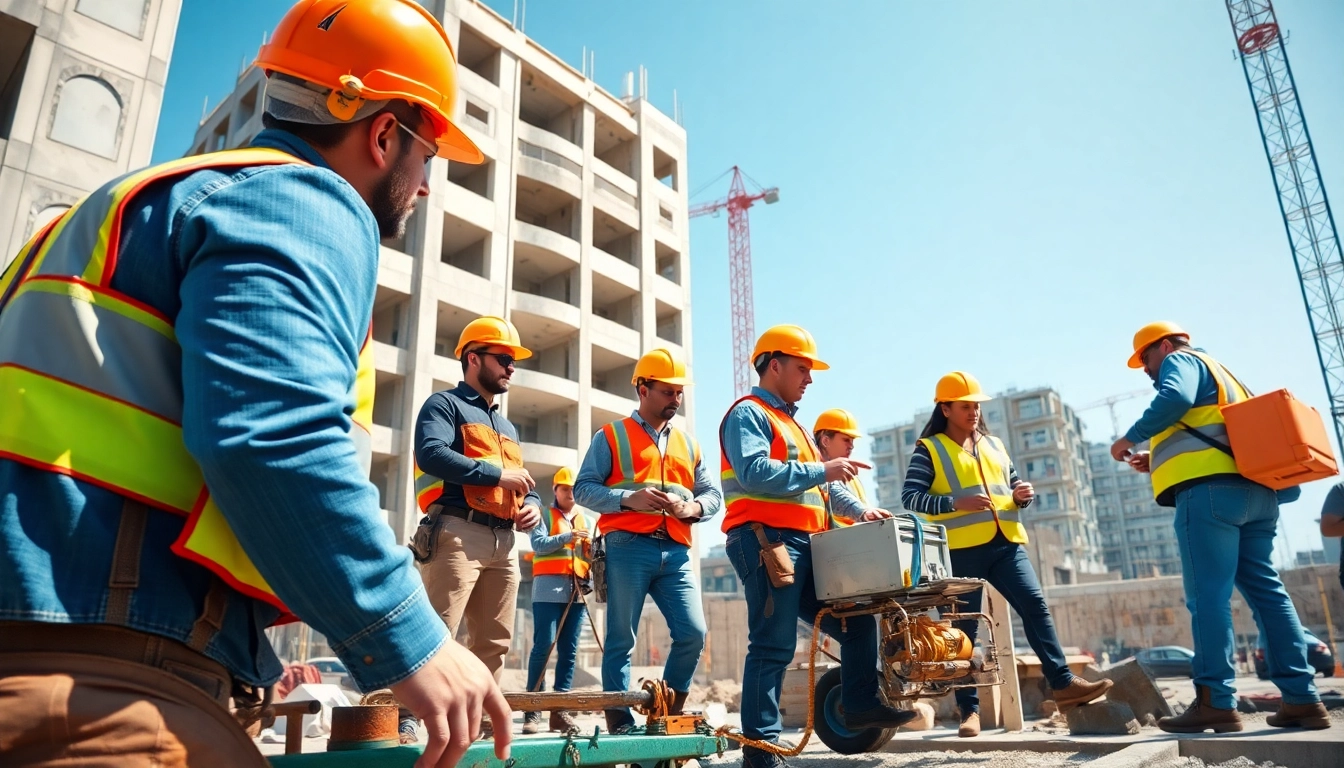 Construction workforce development illustration with diverse professionals collaborating on a building site.