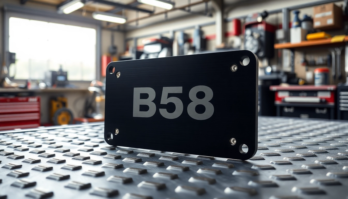 View of a B58 Intake Block-Off Plate highlighting its detailed design on a metallic workbench.