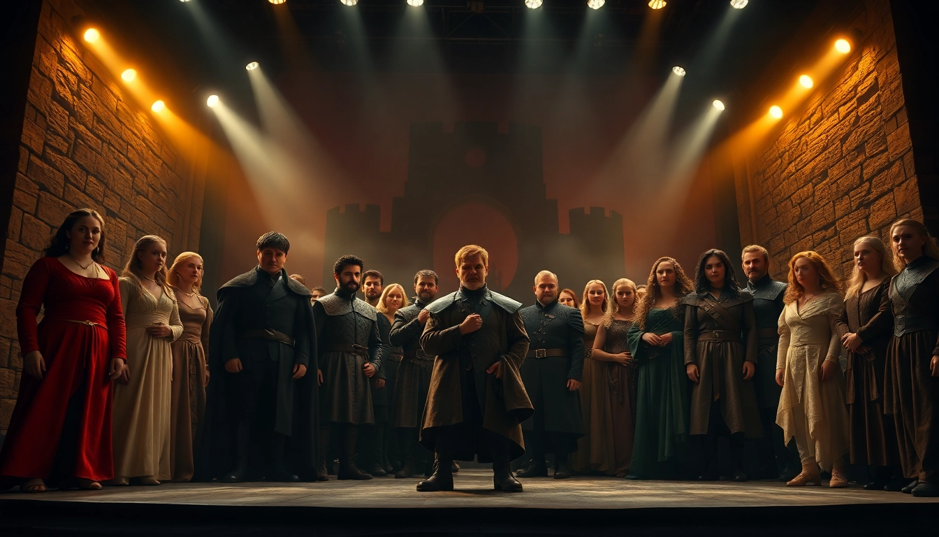 Highlighting the game of thrones cast showcasing their iconic characters in a vibrant medieval setting.