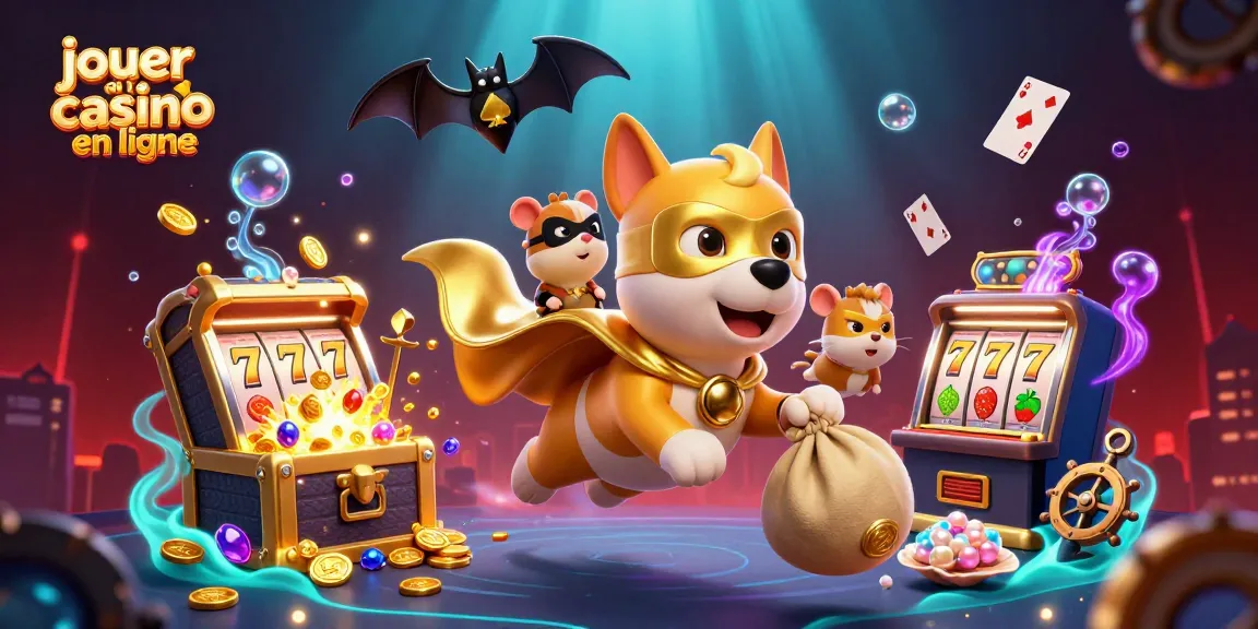 Jouer au casino en ligne avec un chien super-héros et son hamster compagnon entourés de trésors et de machines à sous.