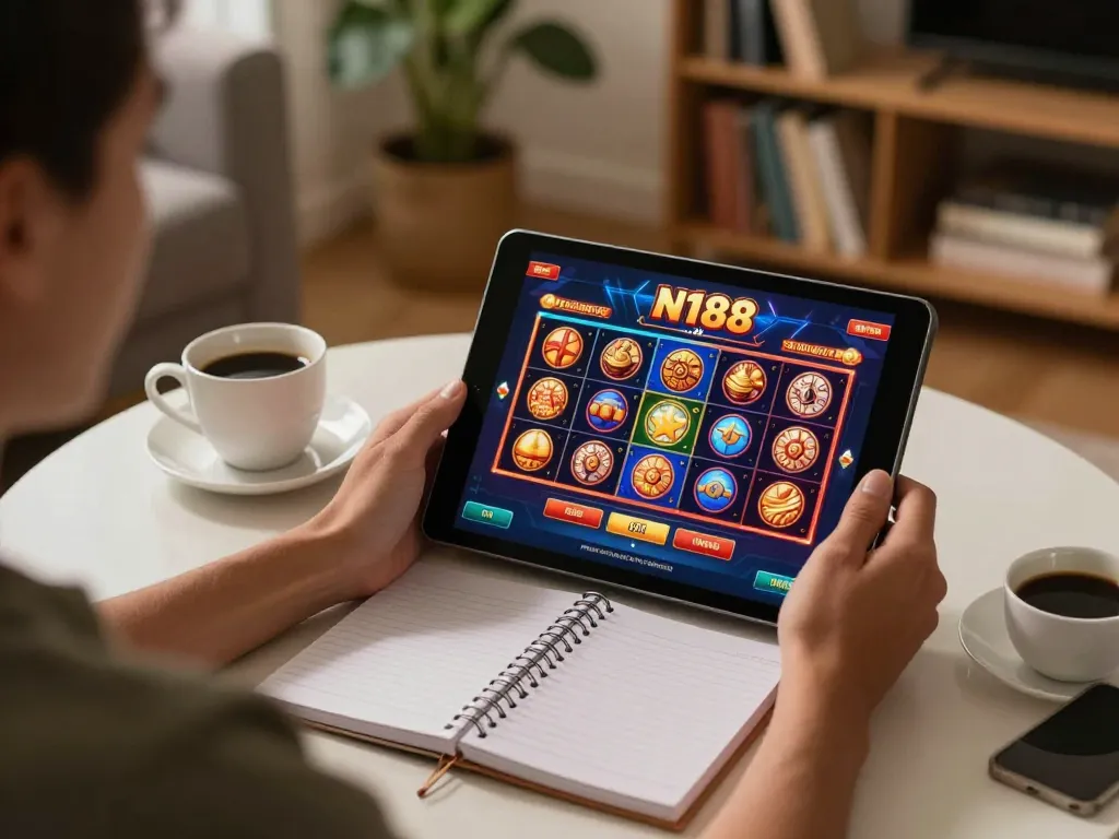 N188 players enjoying an engaging online casino experience with a tablet and colorful game graphics.