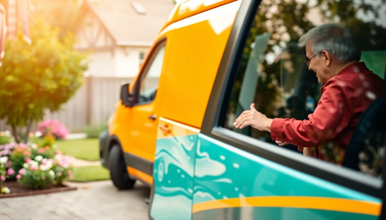 Elderly transportation services provided by a caring driver assisting a senior passenger in a warm setting.