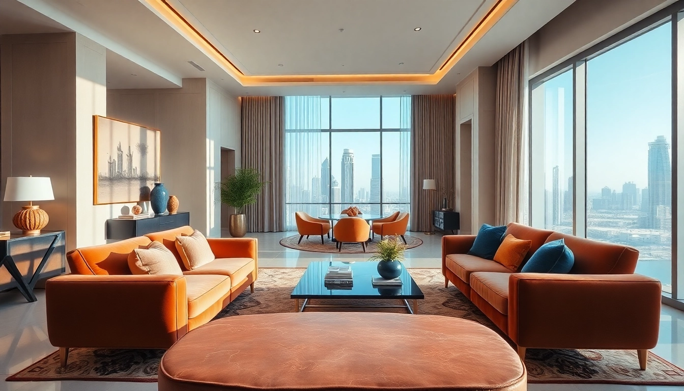 Showcasing interior design dubai with an elegant living room featuring modern furniture and natural lighting.