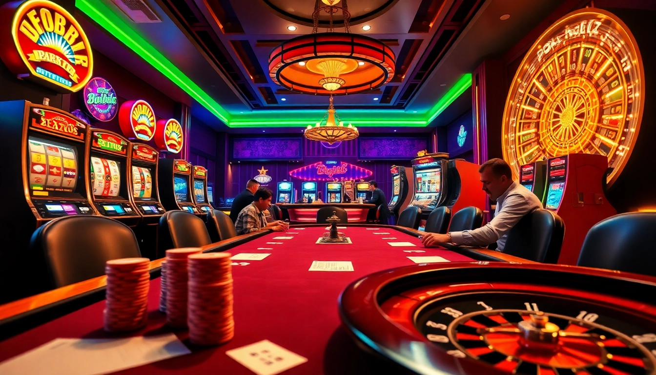 Experience the excitement of birutoto at a vibrant casino, featuring poker tables and slot machines.