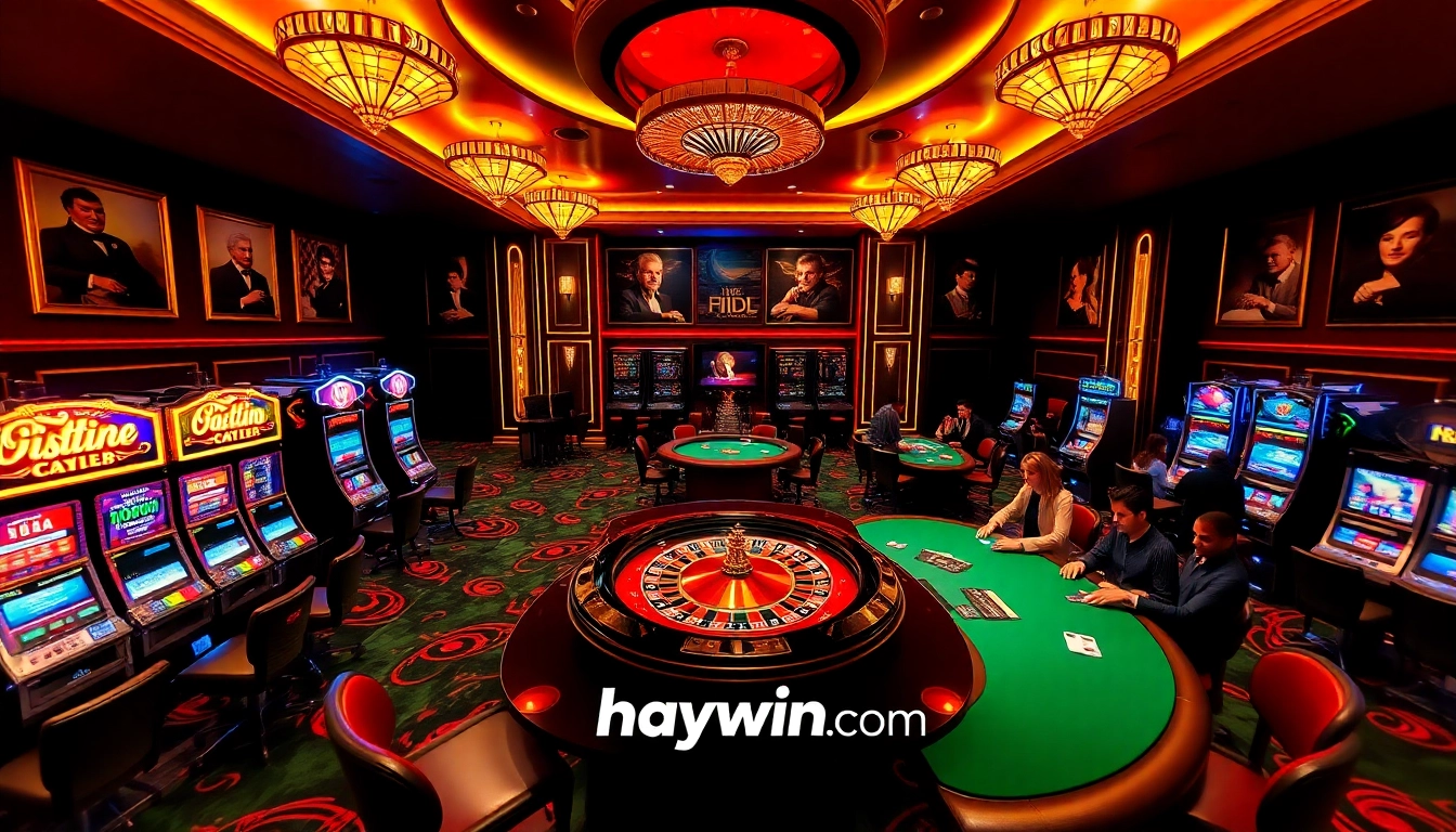 Experience the thrilling atmosphere of Haywin com's elegant casino with lively gaming tables and slot machines.