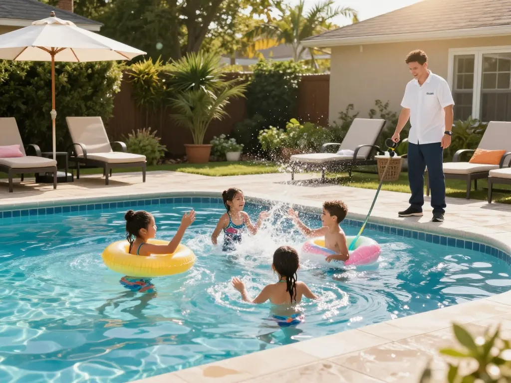 Dolphin Pool Services maintaining a family pool oasis, ensuring a clean and fun environment.
