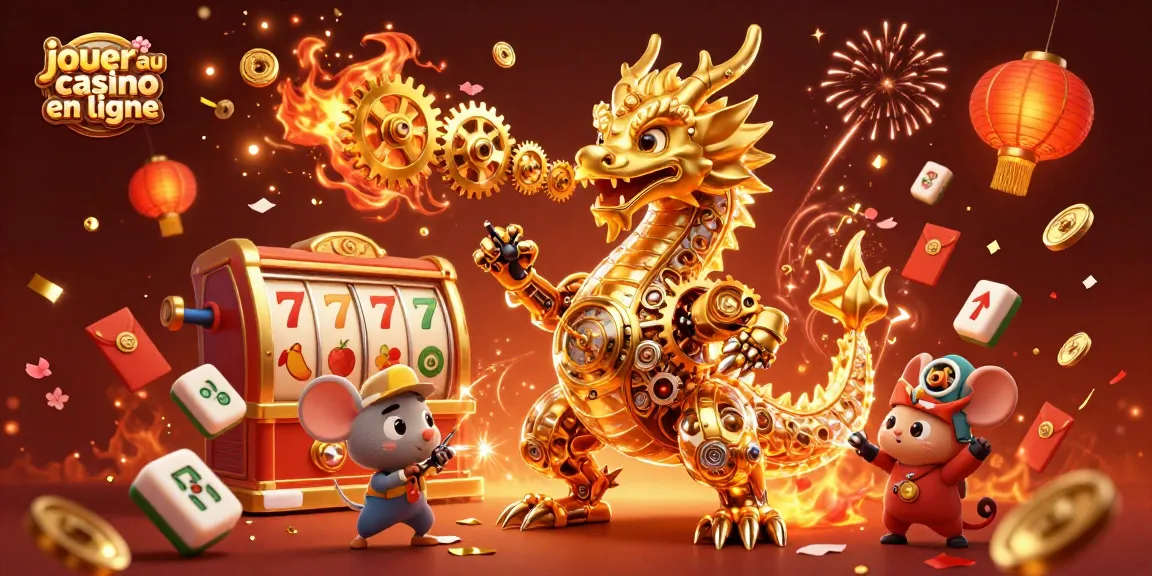 Jouer au casino en ligne avec une illustration dynamique d'un dragon doré et des éléments de jeu multicolores.