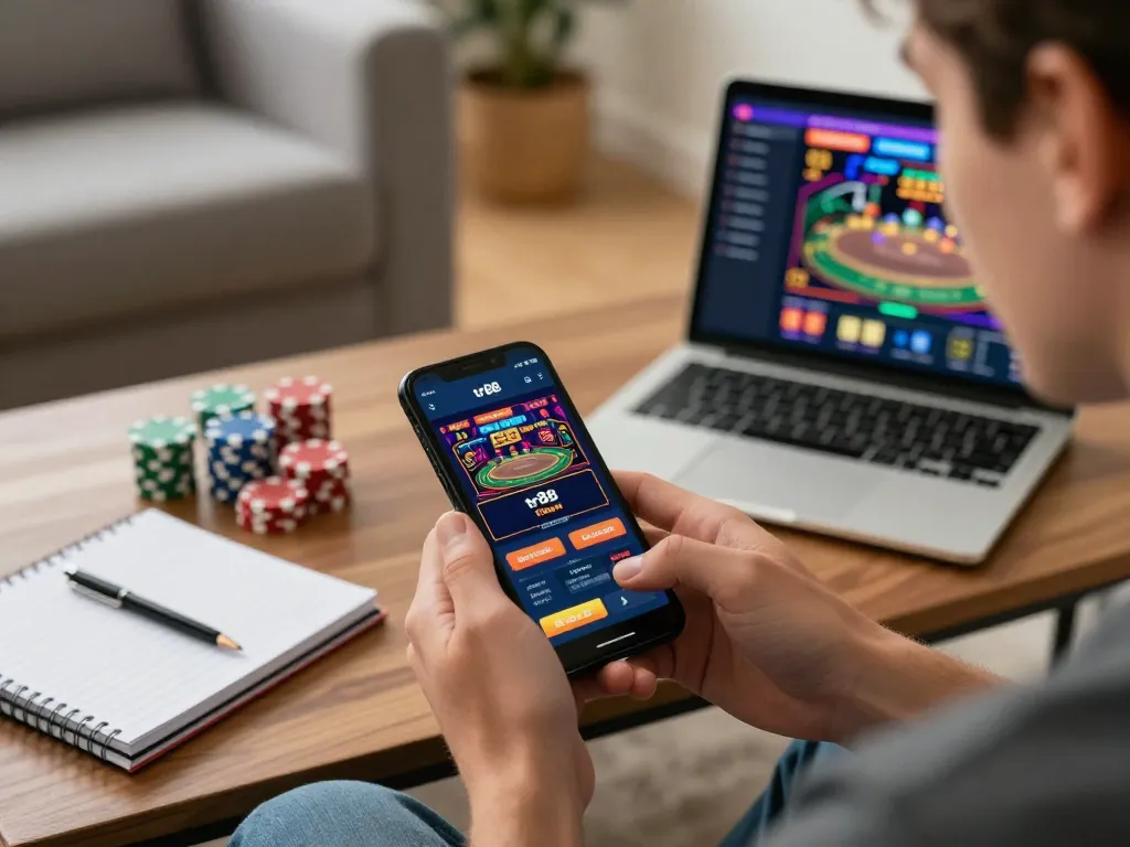Engaging in tr88 đăng nhập to a vibrant online casino app on a smartphone while tracking strategies at home.