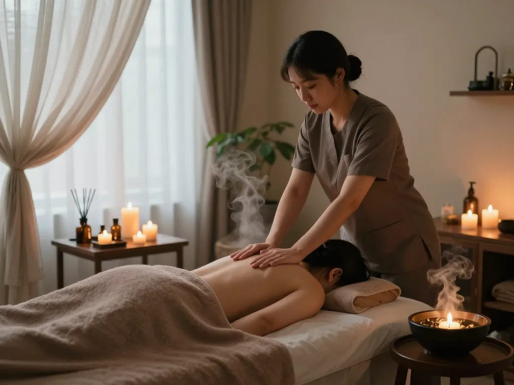 Rejuvenating 부전동마사지 scene in a serene spa setting with calming decor and soft lighting