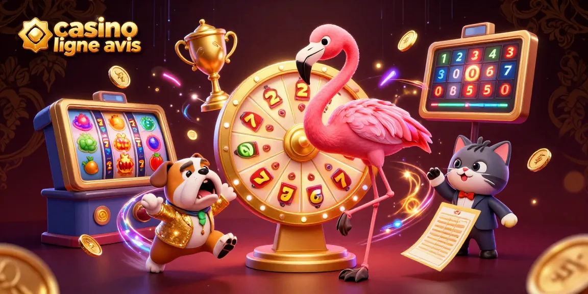 Illustration dynamique de casino en ligne avis avec un flamant et un bulldog, animée avec des machines à sous.