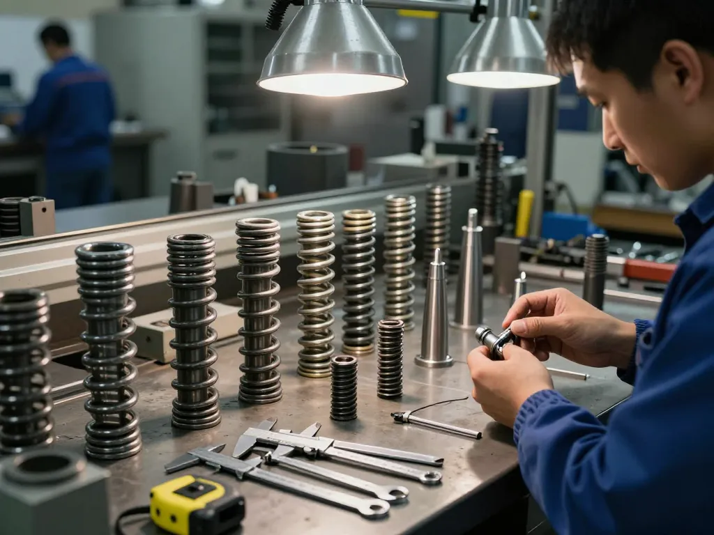 Tehnician inspectând componentele arcurilor inox în atelierul de fabricație